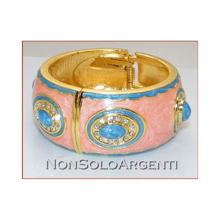 NSA|Bigiotteria : Bracciale Braccialetto a Molla colore ORO con smalto rosa pesca e azzurro + Strass