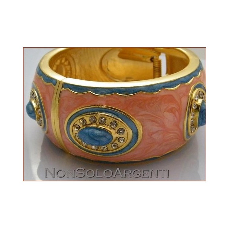 NSA|Bigiotteria : Bracciale Braccialetto a Molla colore ORO con smalto rosa pesca e azzurro + Strass