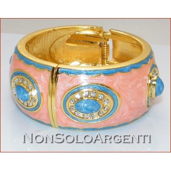NSA|Bracciale a Molla colore ORO con smalto rosa pesca e azzurro + Strass bangle donna
