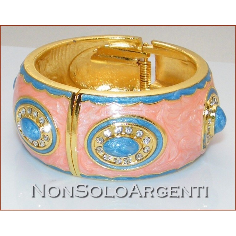 NSA|Bracciale a Molla colore ORO con smalto rosa pesca e azzurro + Strass bangle donna