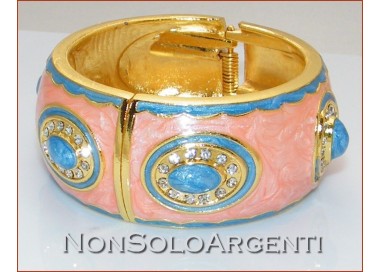 NSA|Bracciale a Molla colore ORO con smalto rosa pesca e azzurro + Strass bangle donna