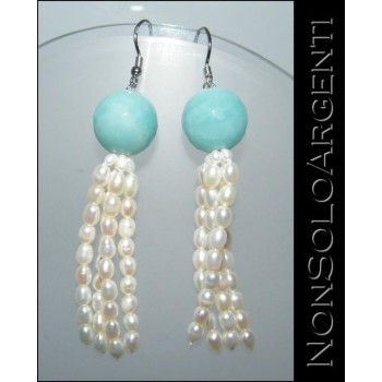 NSA|Argento 925 : Orecchini con perle di amazzonite naturale e ciondoli di perle coltivate