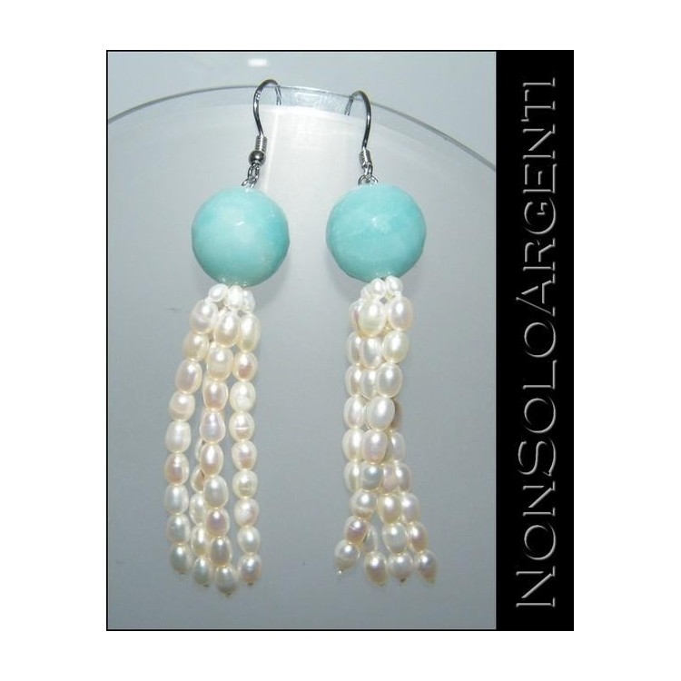 NSA|Argento 925 : Orecchini con perle di amazzonite naturale e ciondoli di perle coltivate