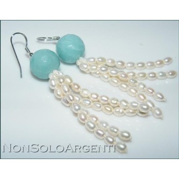 NSA|Argento 925 : Orecchini con perle di amazzonite naturale e ciondoli di perle coltivate
