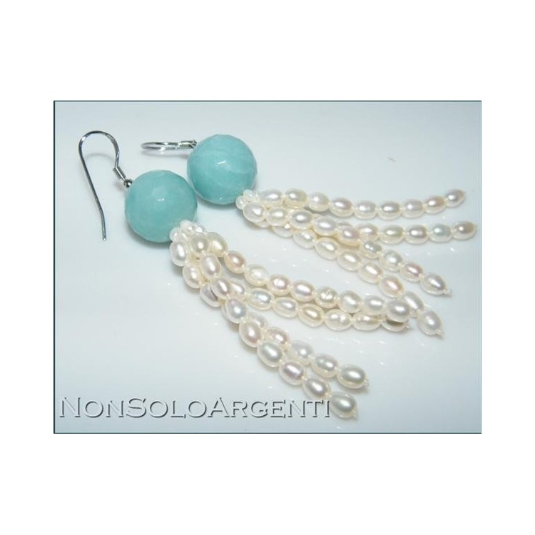 NSA|Argento 925 : Orecchini con perle di amazzonite naturale e ciondoli di perle coltivate