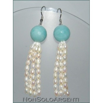 NSA|Argento 925 : Orecchini con perle di amazzonite naturale e ciondoli di perle coltivate