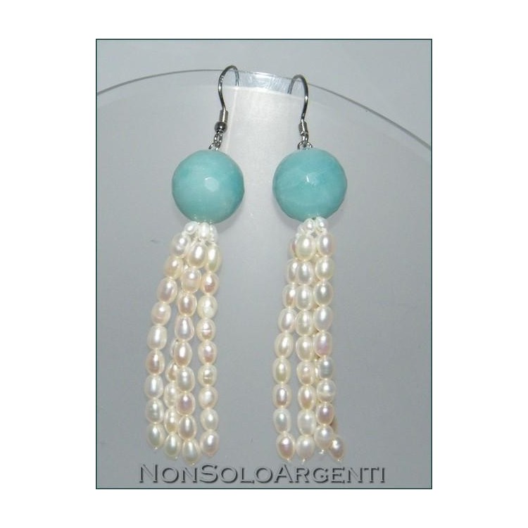 NSA|Argento 925 : Orecchini con perle di amazzonite naturale e ciondoli di perle coltivate