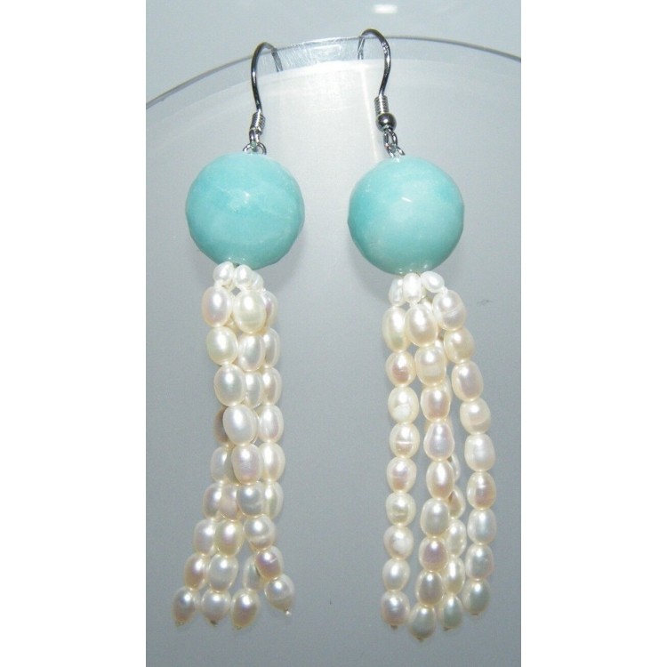 NSA|925 silver earrings natural amazonite pearls and tufts of cultured pearls