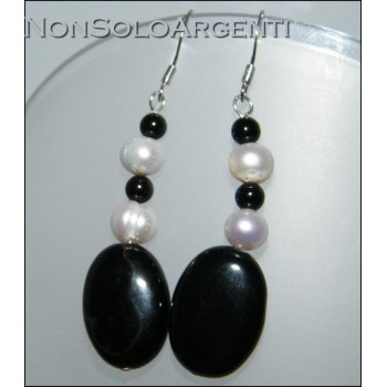 NSA|Argento 925 : Orecchini con ciondoli di perle naturali e agata nera e onice