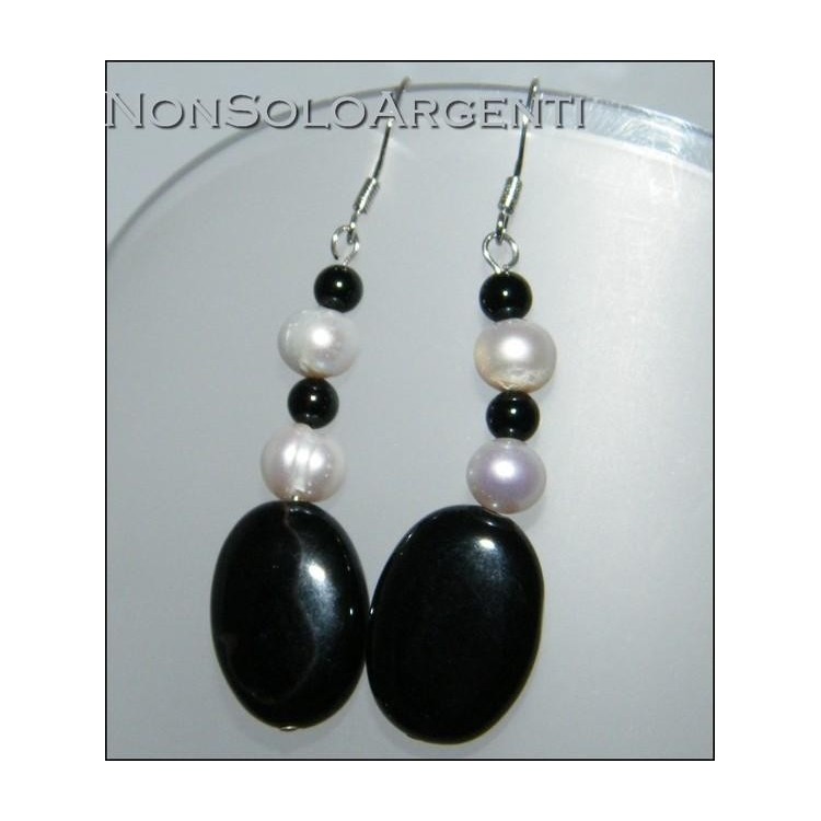 NSA|Argento 925 : Orecchini con ciondoli di perle naturali e agata nera e onice