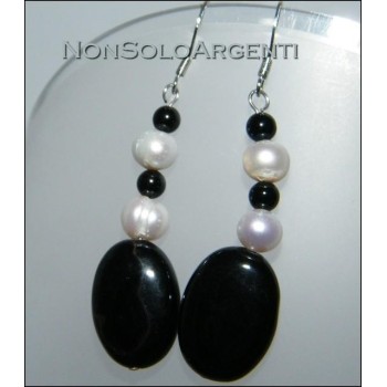 NSA|Argento 925 : Orecchini con ciondoli di perle naturali e agata nera e onice