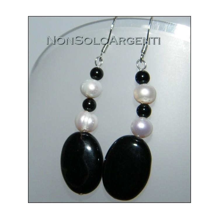 NSA|Argento 925 : Orecchini con ciondoli di perle naturali e agata nera e onice