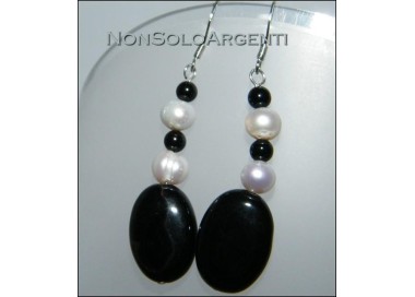 NSA|Argento 925 : Orecchini con ciondoli di perle naturali e agata nera e onice