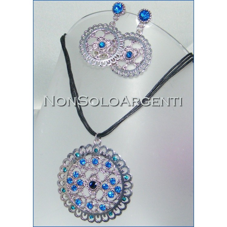 NSA|set necklace earrings rhinestone blue medallions costume jewelery dark silver