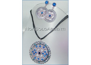 NSA|set necklace earrings rhinestone blue medallions costume jewelery dark silver