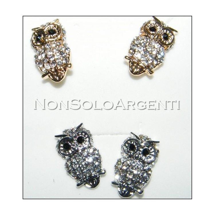 NSA|Bigiotteria : orecchini perno e farfallina argento o oro con  gufo pavè di strass