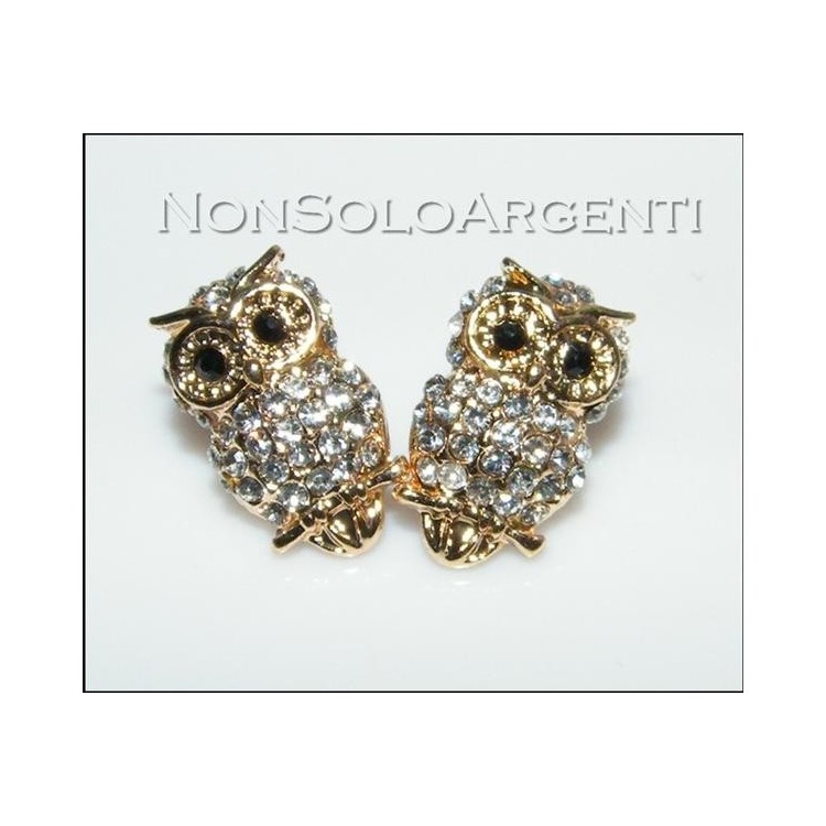 NSA|Bigiotteria : orecchini perno e farfallina argento o oro con  gufo pavè di strass