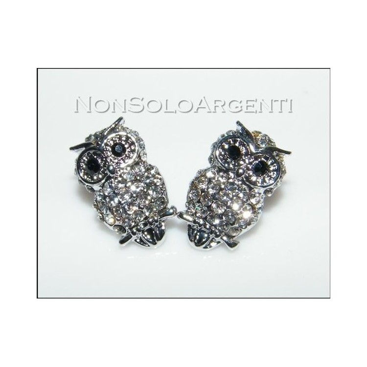 NSA|Bigiotteria : orecchini perno e farfallina argento o oro con  gufo pavè di strass