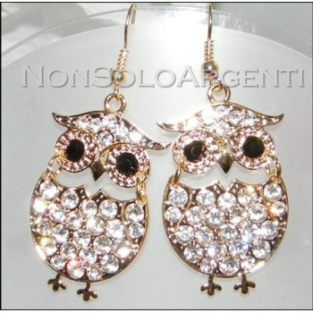 NSA|Bigiotteria : orecchini ad amo argento o oro con  gufo pavè di strass