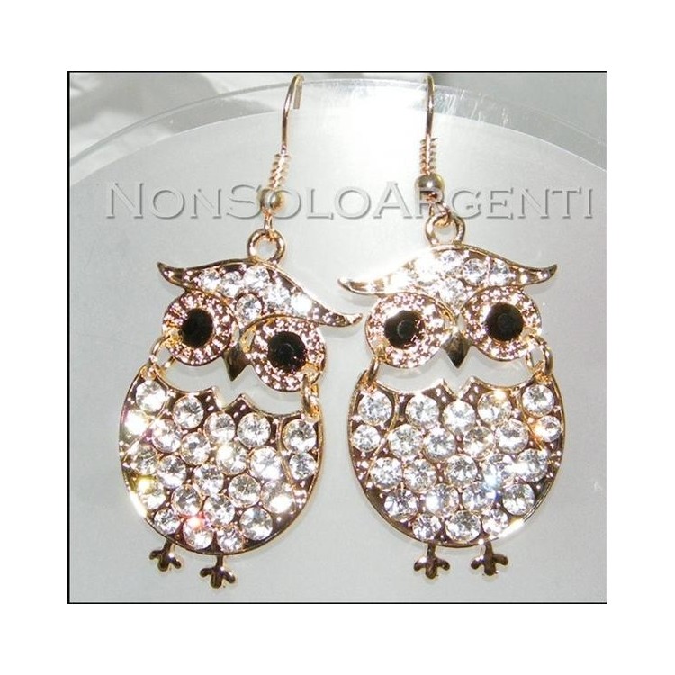NSA|Bigiotteria : orecchini ad amo argento o oro con  gufo pavè di strass