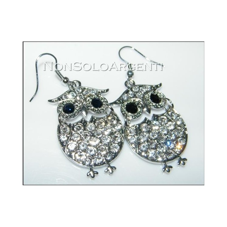 NSA|Bigiotteria : orecchini ad amo argento o oro con  gufo pavè di strass