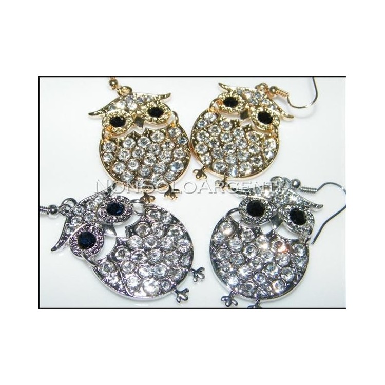 NSA|Bigiotteria : orecchini ad amo argento o oro con  gufo pavè di strass