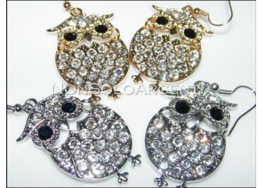 NSA|Bigiotteria : orecchini ad amo argento o oro con  gufo pavè di strass