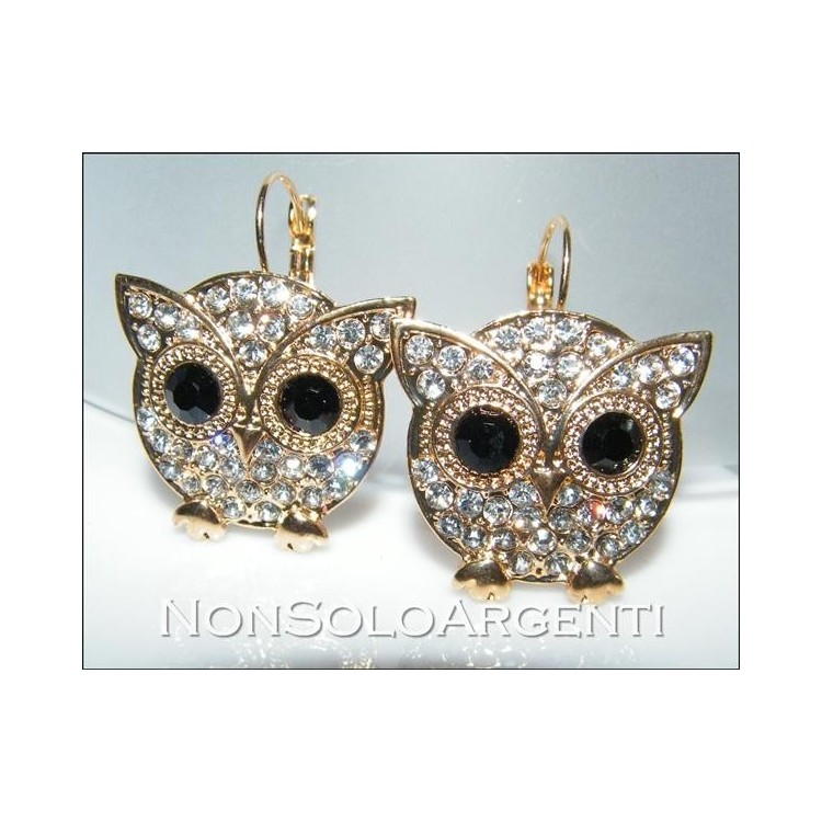 NSA|Bigiotteria : orecchini monachella a clips argento o oro con  gufo pavè di strass