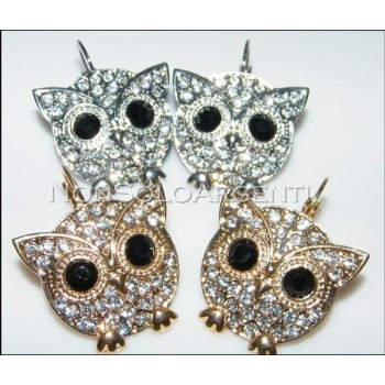 NSA|Bigiotteria : orecchini monachella a clips argento o oro con  gufo pavè di strass