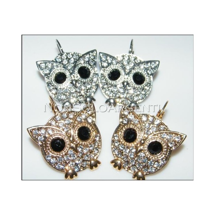 NSA|Bigiotteria : orecchini monachella a clips argento o oro con  gufo pavè di strass