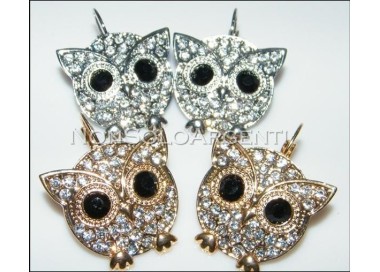 NSA|Bigiotteria : orecchini monachella a clips argento o oro con  gufo pavè di strass