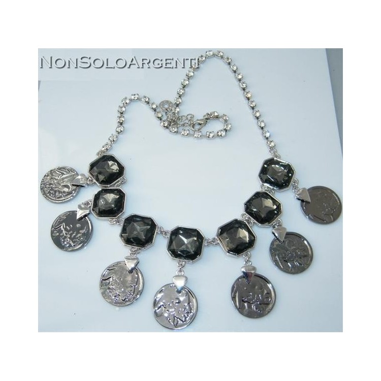 NSA|Bigiotteria : Collana laminata argento rodiata brunita con centrale strass fumè e monete