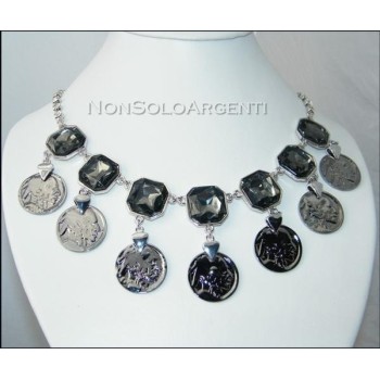 NSA|Bigiotteria : Collana laminata argento rodiata brunita con centrale strass fumè e monete