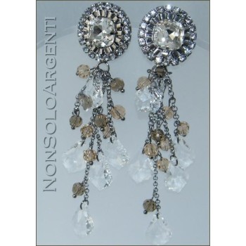 NSA|Smoked and rhodium-plated silver laminated earrings with topaz and white crystal pendants for women