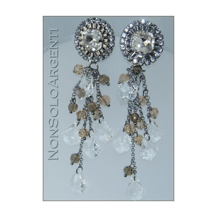 NSA|Smoked and rhodium-plated silver laminated earrings with topaz and white crystal pendants for women