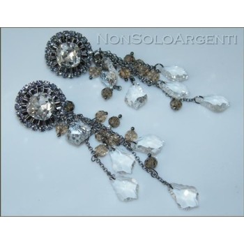 NSA|Smoked and rhodium-plated silver laminated earrings with topaz and white crystal pendants for women