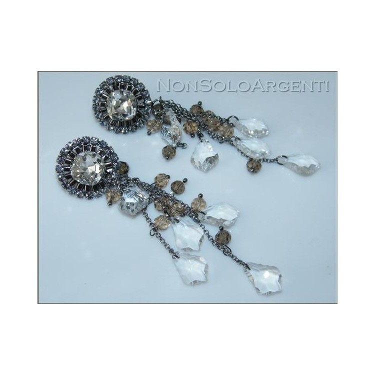 NSA|Smoked and rhodium-plated silver laminated earrings with topaz and white crystal pendants for women