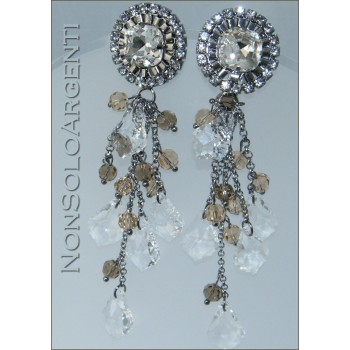 NSA|Smoked and rhodium-plated silver laminated earrings with topaz and white crystal pendants for women
