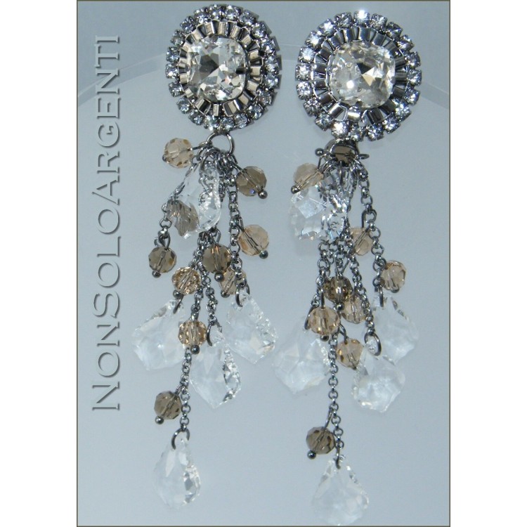 NSA|Smoked and rhodium-plated silver laminated earrings with topaz and white crystal pendants for women