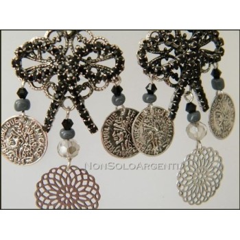 NSA|Bigiotteria : Orecchini "Fiocco" con strass e medagliette argentati