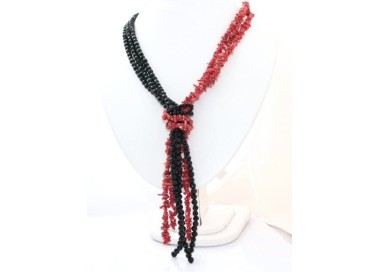 NSA|collana linea Capri sciarpina 3 fili bicolore rosso nero in corallo scoglio verace italiano rosso e perle di agata nera