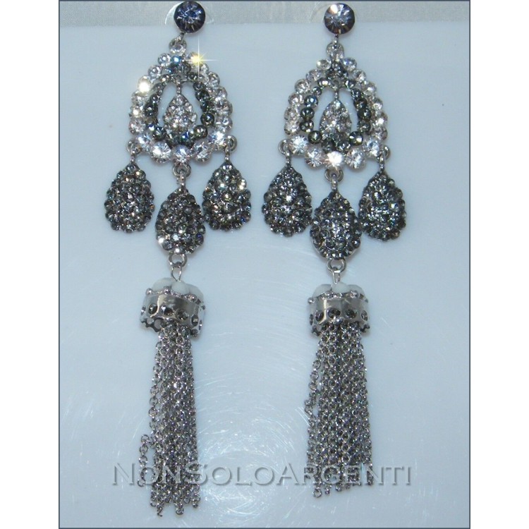 NSA|Silver-plated brass drop earrings with rhinestones and long chains