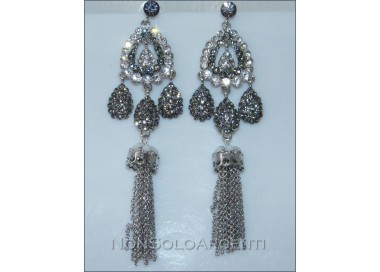 NSA|Silver-plated brass drop earrings with rhinestones and long chains
