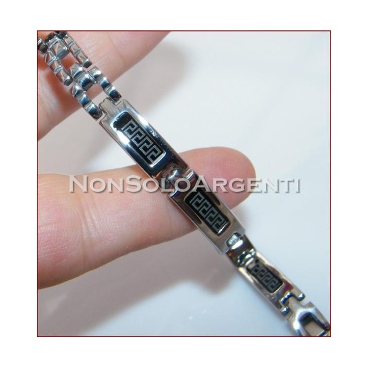 NSA|Bracciale Braccialetto Uomo o Unisex Acciaio smalto nero con greca