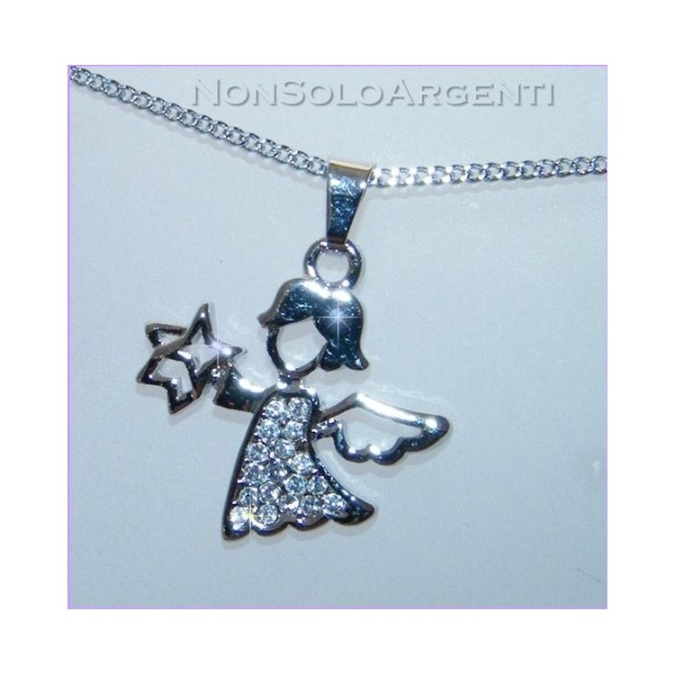 NSA|Bigiotteria : Collana uomo donna argentata con ciondolo strass Angioletto in cofanetto