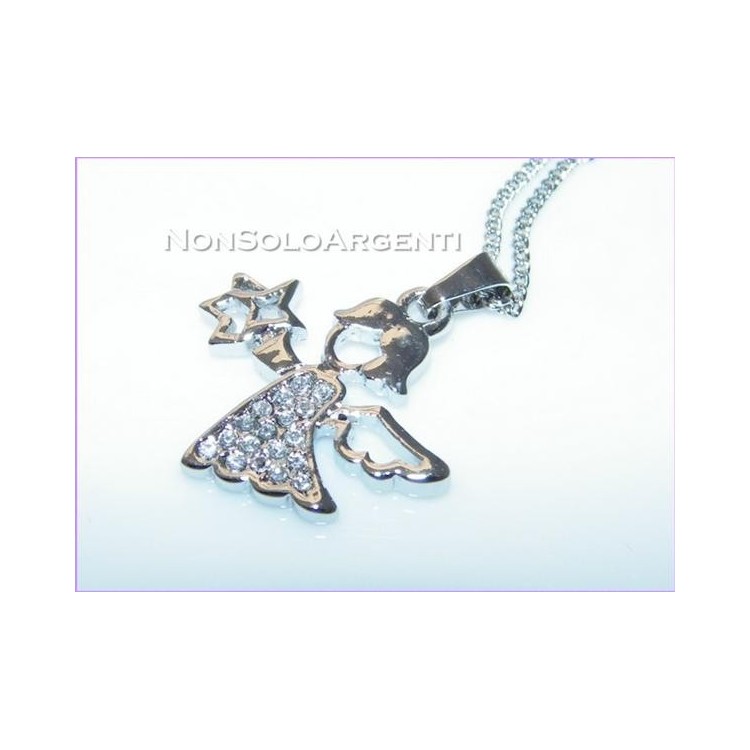 NSA|Bigiotteria : Collana uomo donna argentata con ciondolo strass Angioletto in cofanetto