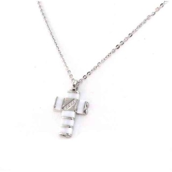 NSA|Hypoallergenic and stainless steel: Exclusive necklace rolo 'cross pendant black or white ceramic and zk stones