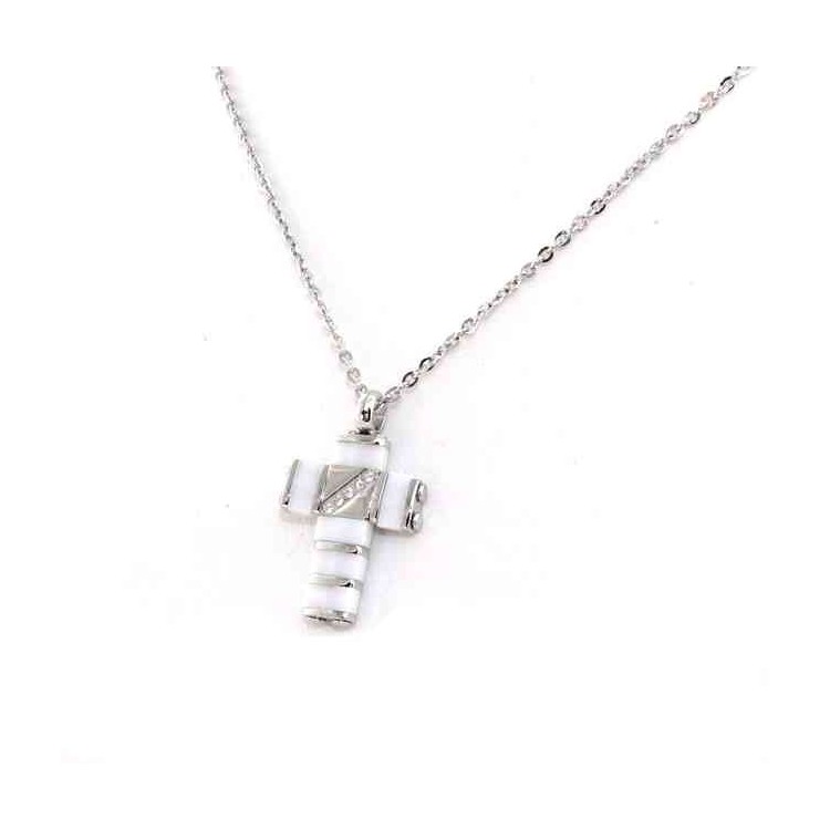 NSA|Hypoallergenic and stainless steel: Exclusive necklace rolo 'cross pendant black or white ceramic and zk stones