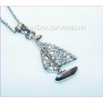 NSA|Bigiotteria : Collana uomo donna argentata con ciondolo strass barca a vela in cofanetto