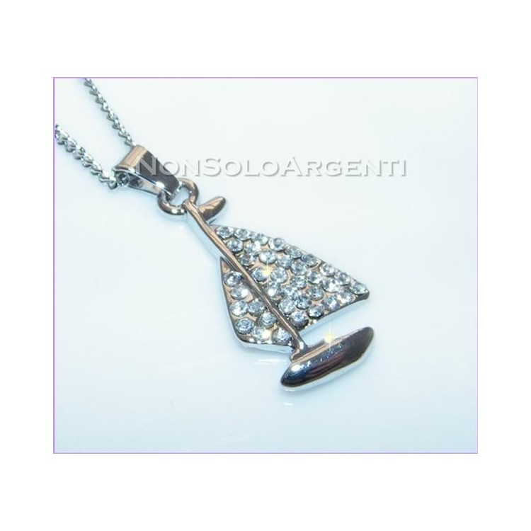 NSA|Bigiotteria : Collana uomo donna argentata con ciondolo strass barca a vela in cofanetto